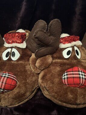 Christmas Reindeer Slippers Brown Faux Fur Red Sequin Hat US 7/8
